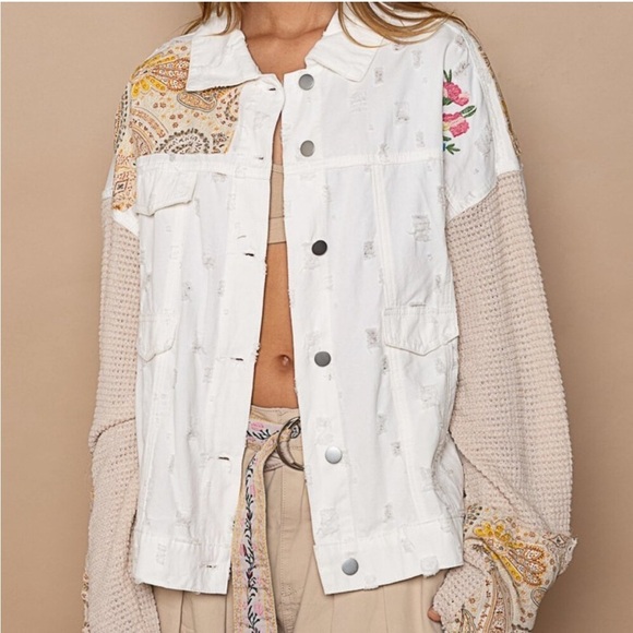 POL Shacket Oversized Thermal Sleeve Patch Embroidered Distressed Floral Paisley - Picture 9 of 16